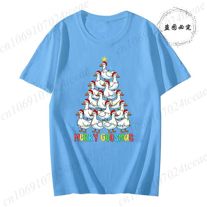 Funny Merry Goosmas T-Shirts for Women,Trendy Christmas Goose Shirt Design,Christmas Tree Party T-Shirts for Women Men Clothes