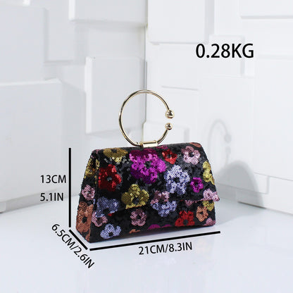 Metal Top Handle Bags for Bridal Women Shiny Sequins Evening Handbag Colorful Flowers Party Clutch Purse Chain Shoulder Bags