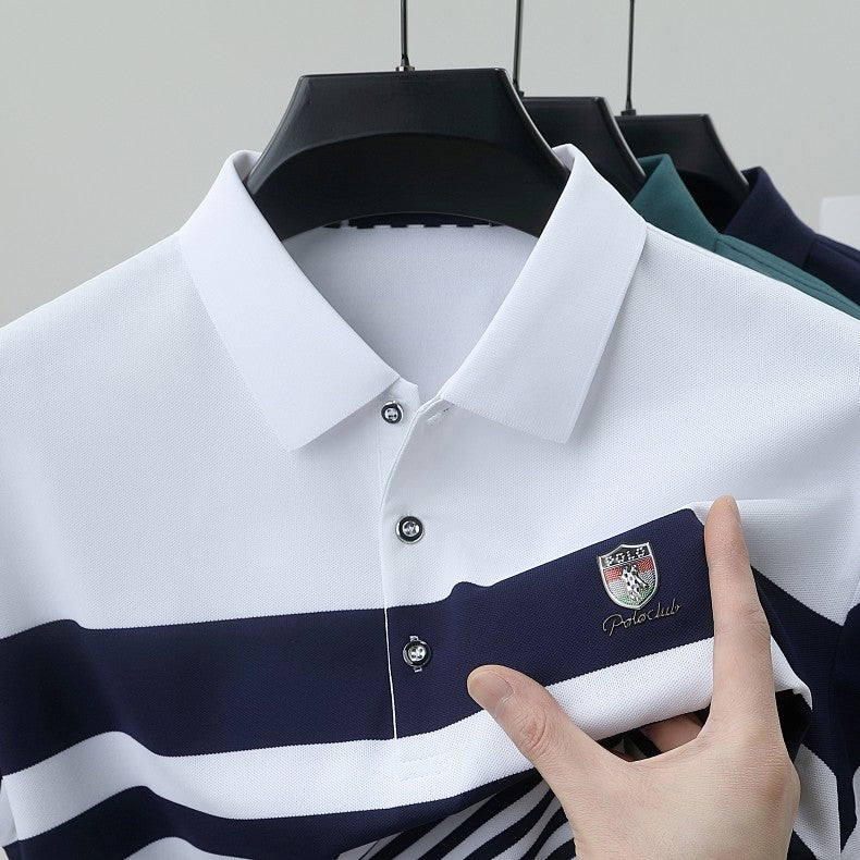 High end brand embossed men short sleeve polo shirt fashion stripe color blocked summer ice silk breathable luxury Paul T-shirt