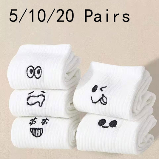 5/10/20 Pairs Men White Cartoon Socks Trendy Versatile Expression Socks With Simple Soft Breathable Comfortable Casual Socks