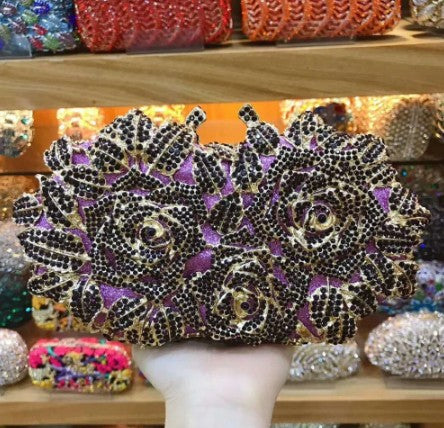 Golden Silver Luxury Crystals Evening Bags Fashion Rose Flower Diamonds Clutch Bags Soiree Purse Women Wedding Bride Handbags