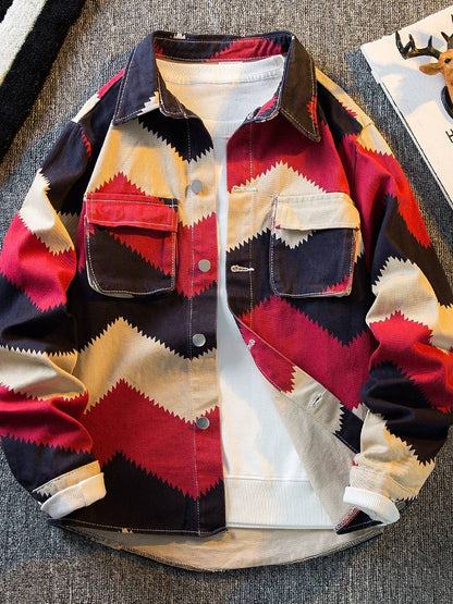 American Retro Diamond Denim Shirt Men Clothing Autumn Polo Neck Trendy High Strret Loose Casual Blouses Cargo Jacket for Men