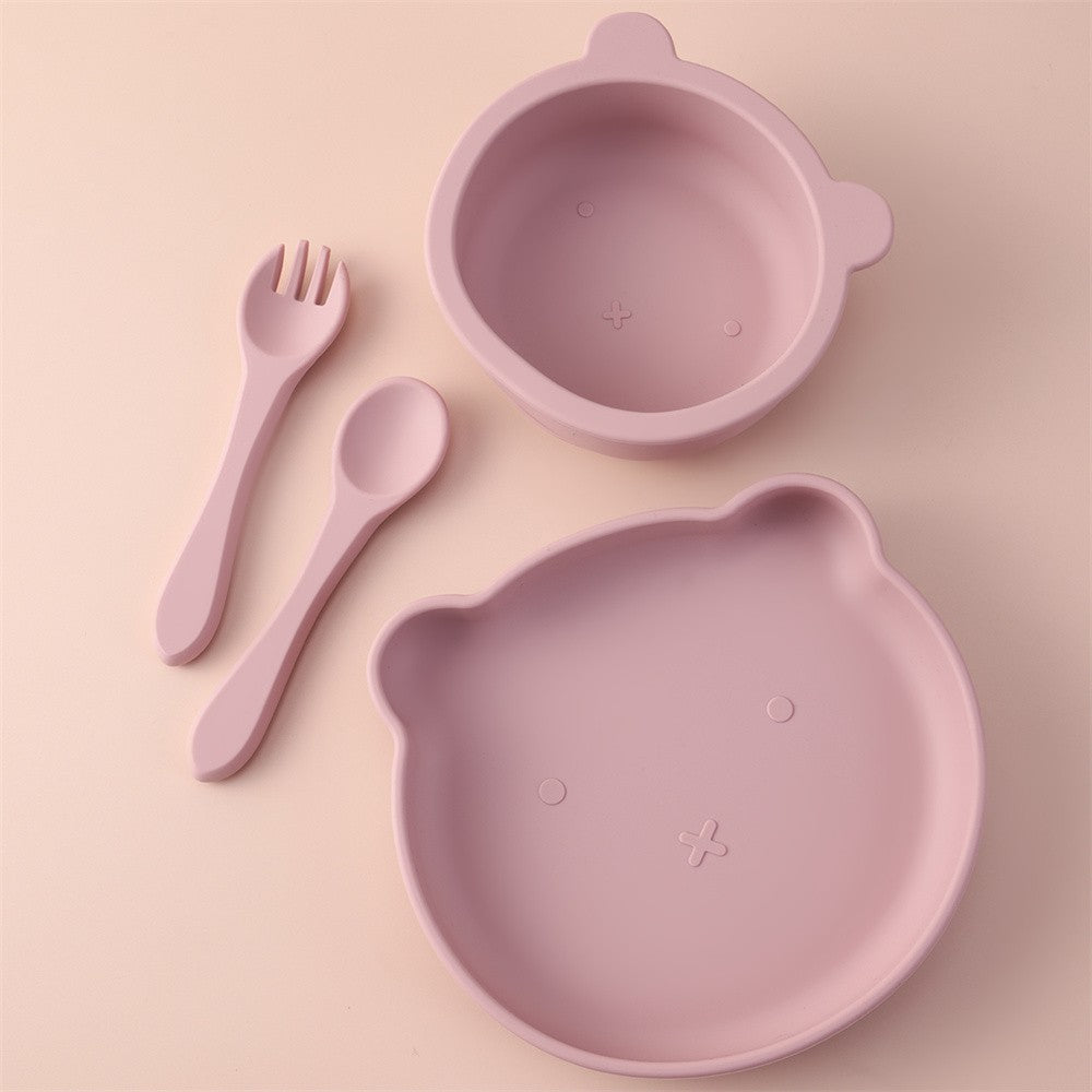 Color Kids 4PCS Silicone Feeding Tableware Set Baby Newborn Items Sucker Dishes Spoon Fork Bowls Food Training Essentials
