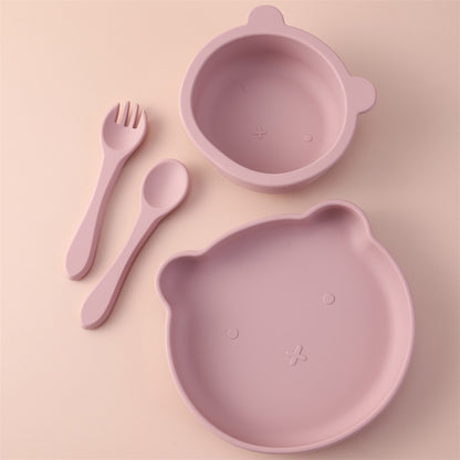 Color Kids 4PCS Silicone Feeding Tableware Set Baby Newborn Items Sucker Dishes Spoon Fork Bowls Food Training Essentials