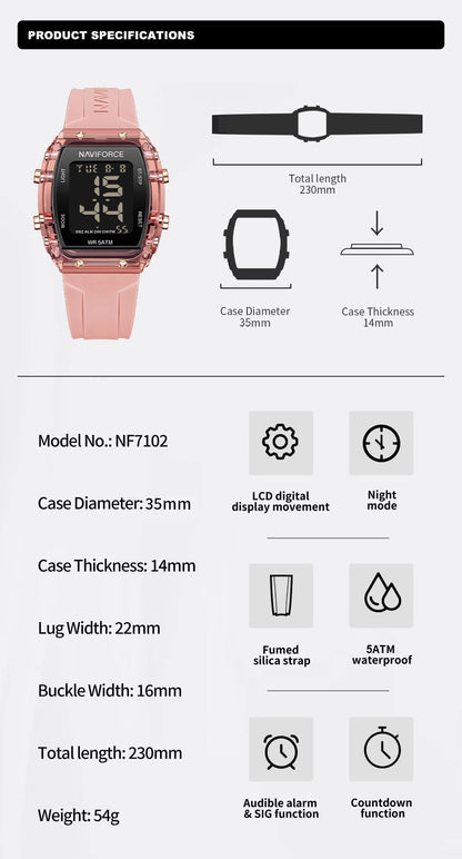 NAVIFORCE Watches for Woman LCD Digital Movement Female Clock Fashion 50m Waterproof Silicone Band Sport Electronic Wristwatches
