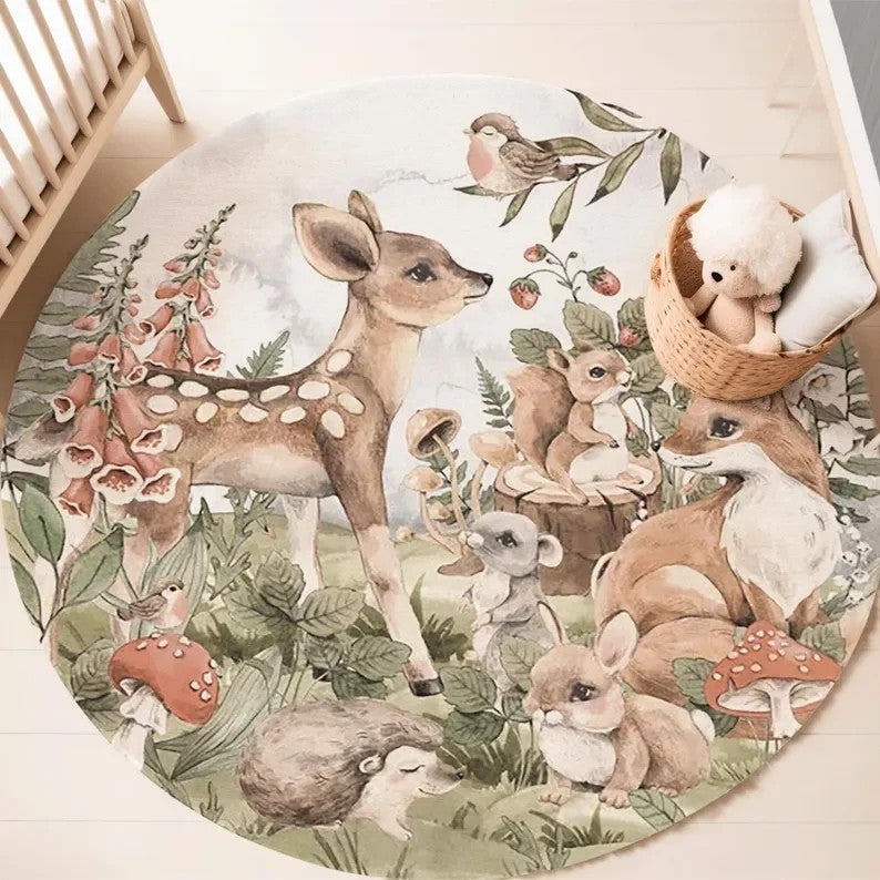 Children's Play Round Floor Mat Cartoon Giraffe Sika Deer Carpet Children's Bedroom Bedside Non Slip Rug Home Decoration