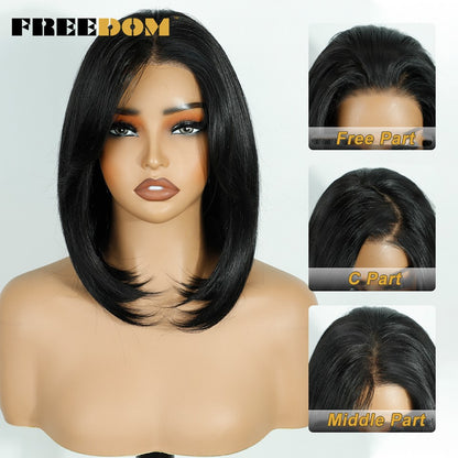 FREEDOM Perucas Sintéticas Front Lace para Mulheres 13x4 Pré-arrancadas Prontas Para Usar Peruca Curta Bob Com Franja Pré-cortada Ombre Blonde Lace Wigs