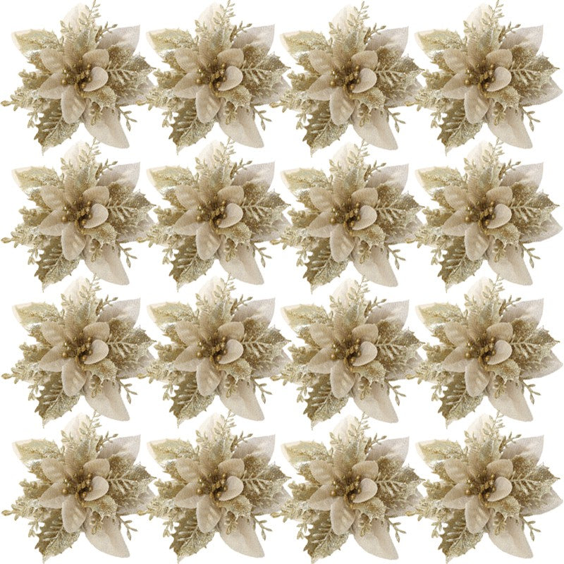 10PCS Glitter Artificial Christmas Flowers for Xmas Tree Ornament Fake Flower Floral with Clips New Year Party Home Decoration