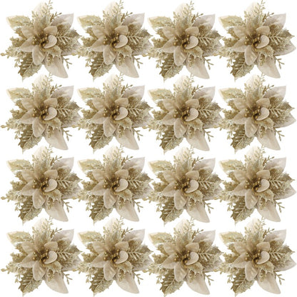 10PCS Glitter Artificial Christmas Flowers for Xmas Tree Ornament Fake Flower Floral with Clips New Year Party Home Decoration