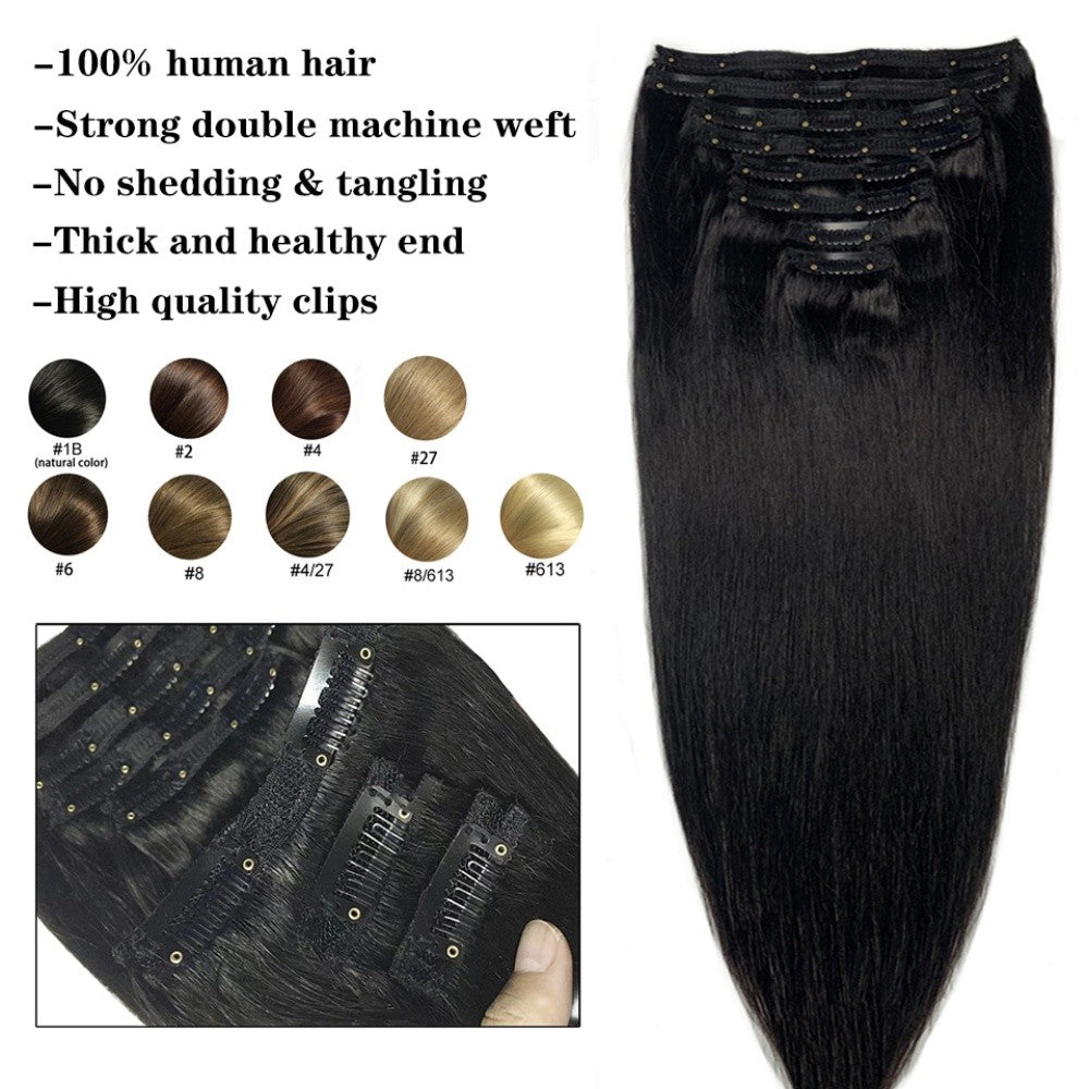 Aplique de Cabelo Humano Liso Natural com Presilhas Extensões de Cabelo Virgem Brasileiro com Presilhas para Cabeça Toda para Mulheres