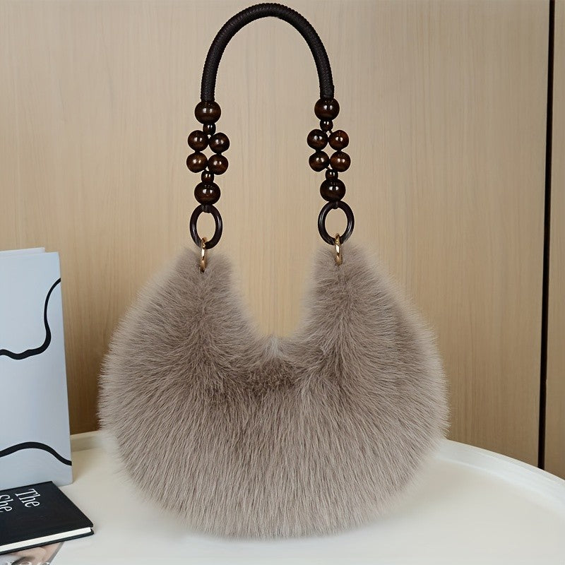 Women's Faux Handbag, Plush Faux Tote Purse with Bead Accented Strap, Zipper Closure Elegant Handbags Shoulder Bags for Everyday