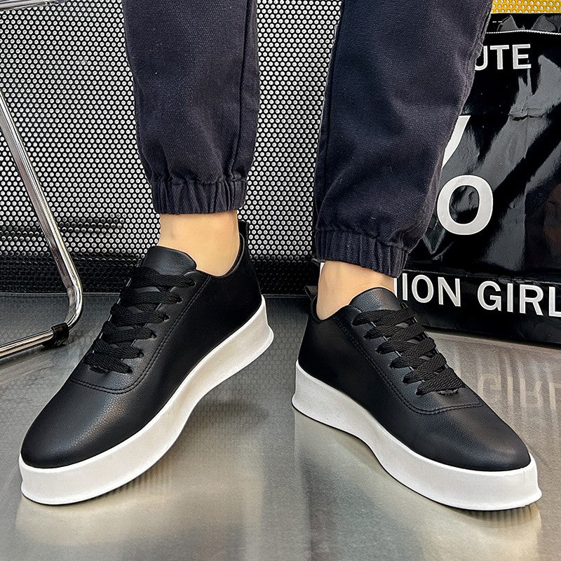 Fashion Thick Sole Black White Soft Men Leather Shoes Platform Men Casual Board Shoes Walking Sport Shoes Lightweight Work Shoes