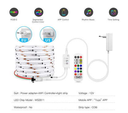 Tuya Smart WIFI RGBIC COB LED Strip Light Tape Addressable WS2811 IC Flexible RGB Neon LED Light 12V APPControl for Alexa Google