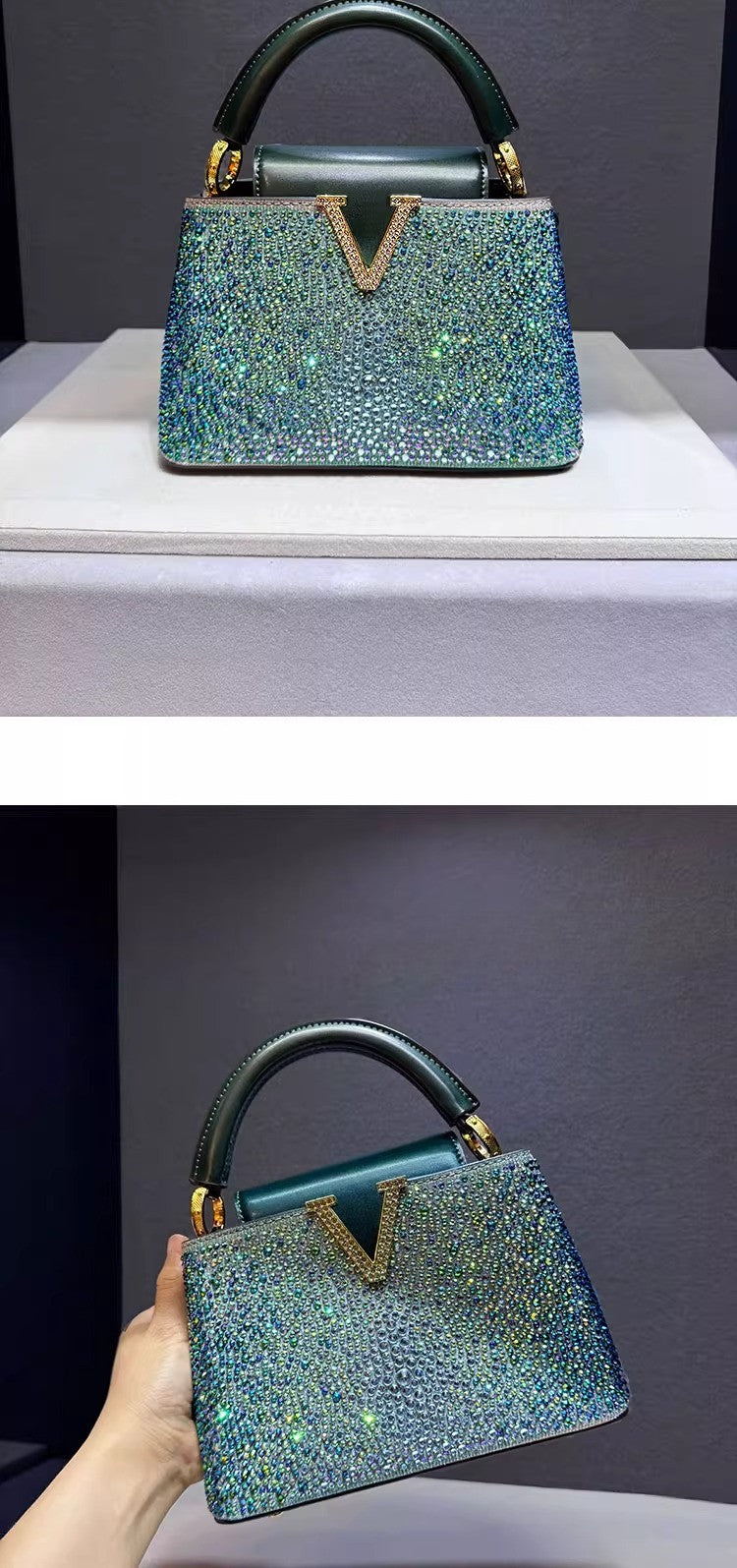 Luxury Brand Leather Diamond Handbag Rhinestone Shoulder Cross-body Tote Bags for Women Bolso Marca Lujo