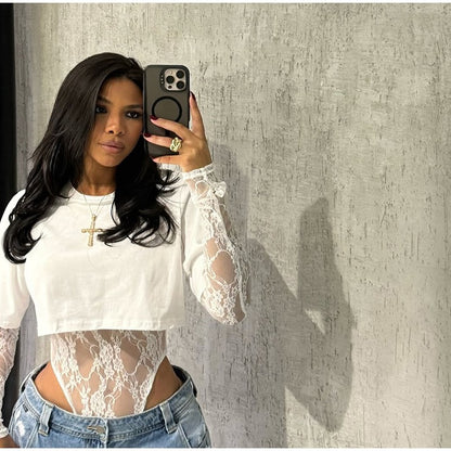 Women Crop Top Sheer Lace Bodysuit Short-Sleeve Layered 2025 Fashion Summer Sexy Outfit Trendy Party Chic Edgy Hot Lady Vestido