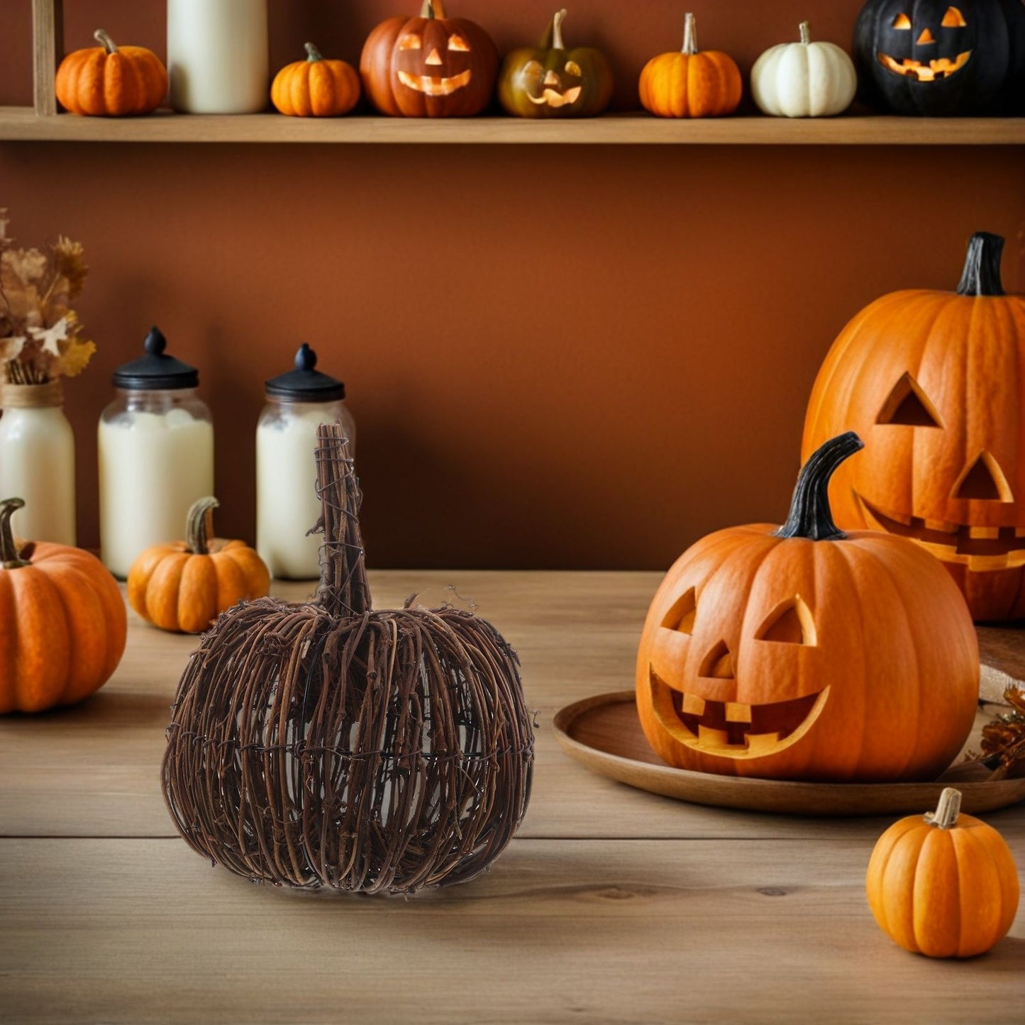 15CM Rattan Woven Pumpkin Halloween Fall Rattan Pumpkin Thanksgiving Table Centerpiece For Halloween And Seasonal Celebration