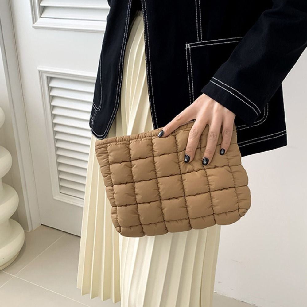 Elegant Puffy Quilted Padded Makeup Bag Zipper Storage Bag Cotton Clutch Bag Handbag Solid Color Cosmetic Bag Lady