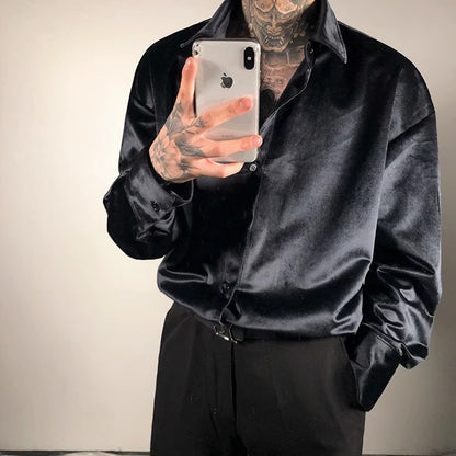 Vintage Polo Neck Simplicity Shirt Tops Spring Autumn New Long Sleeve Solid Youth Loose Trend Blouse Fashion Korean Men Clothing