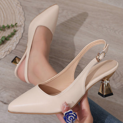 Pu Leather High Heels Pumps Women 2025 Summer Ankle Buckle Thick Heeled Sandals Woman Crystal Decor Pointed Toe Party Shoes