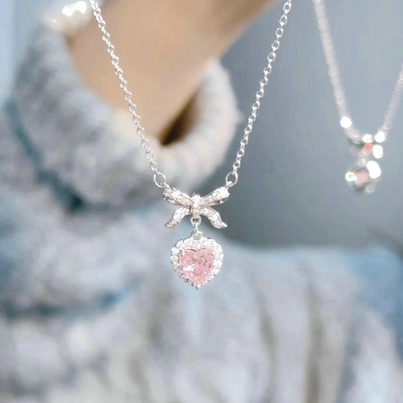 Colar de Coração de Zircônia Rosa Planeta da Moda Colar de Corrente de Clavícula Estética Feminina Presente de Dia dos Namorados Joias de Festa