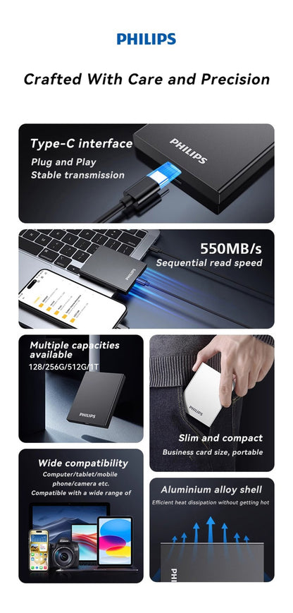 PHILIPS Portable SSD, 1TB External Solid State Drive, Speeds Up to 550MB/s, USB 3.2 Gen 2, Reliable Storage for Gaming, Students