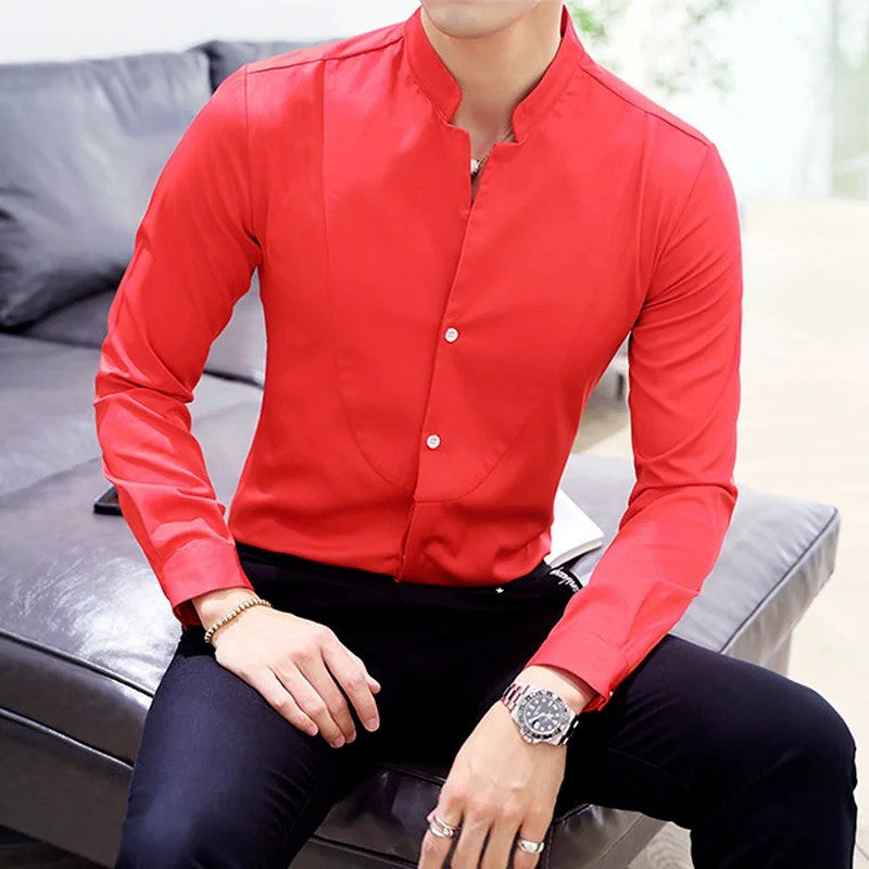 Mens Long Sleeve Shirt Autumn High Quality Stand Collar Casual Slim Solid Color Shirt Oversized Size 5XL Fashion Men Clothing