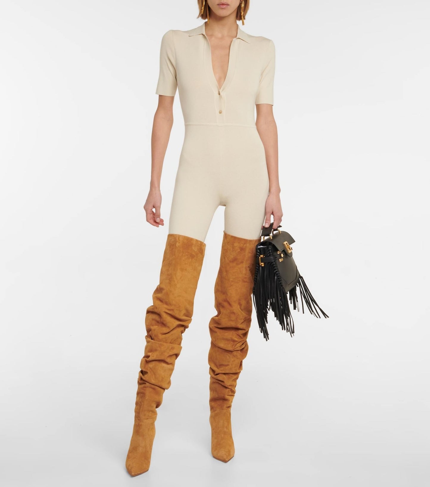 Women's New Pointed Pleated High-heeled Knee High Boots, Autumn and Winter Suede Thigh Boots, Women's Plus Size Stacking Boots