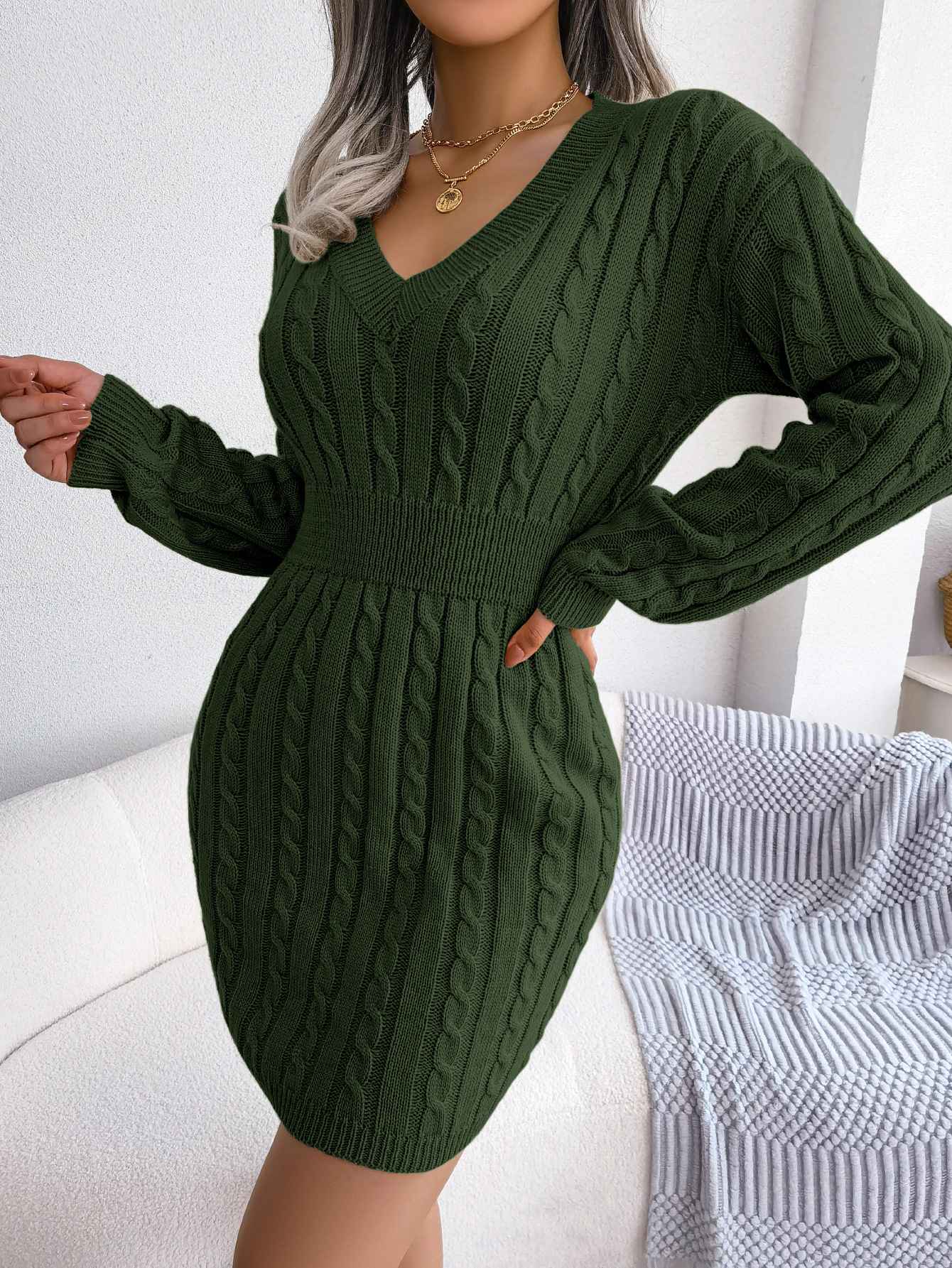 VigoCasey 2025 V Neck Casual Short Knit Dress Autumn Winter Women Solid Long Sleeve Dress Lady Khaki Bodycon Knitted Dresses
