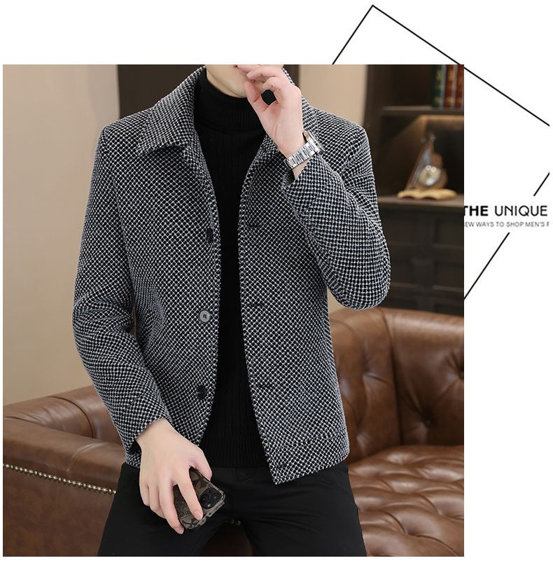 Korean Winter Woolen Jacket Men Plush and Warm Short Trench Coat Plaid Casual Business Streetwear Overcoat Social Men Clothing