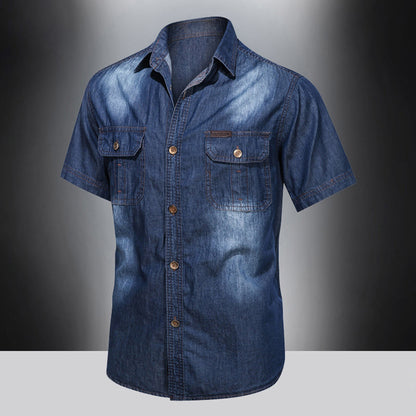 Men's Vintage Denim Cargo Shirts Summer Solid Short Sleeve Lapel Neck Multi Pockets Button Down Thin Casual Temperament Tops