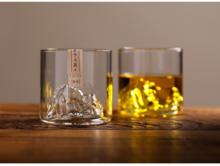 Conjunto de Copos de Uísque de Montanha Glacial 3D Japonesa - Copos Baixos & para Pedras com Caixa de Presente de Madeira para Uísque, Vodka, Vinho