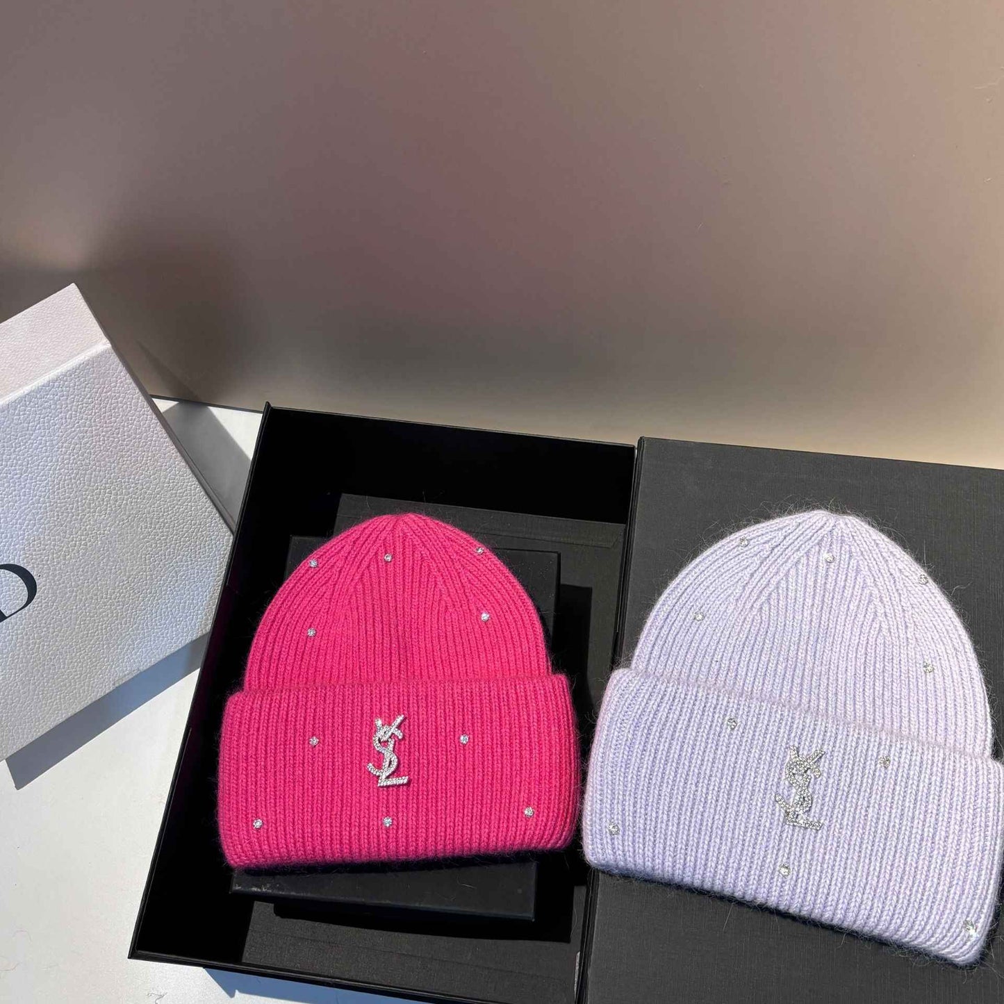 Rhinestone Decor Rabbit Fur Knitted Hat Warm Ear Flap Beanie for Women Luxury Soft Slouchy Cap Face Slimming Design