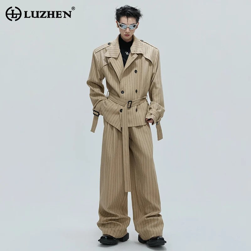 LUZHEN Fashion Stripe Printed Stand Neck Double Breasted Male Coat 2025 Autumn New Handsome Straight Casual Trousers Men JY4780