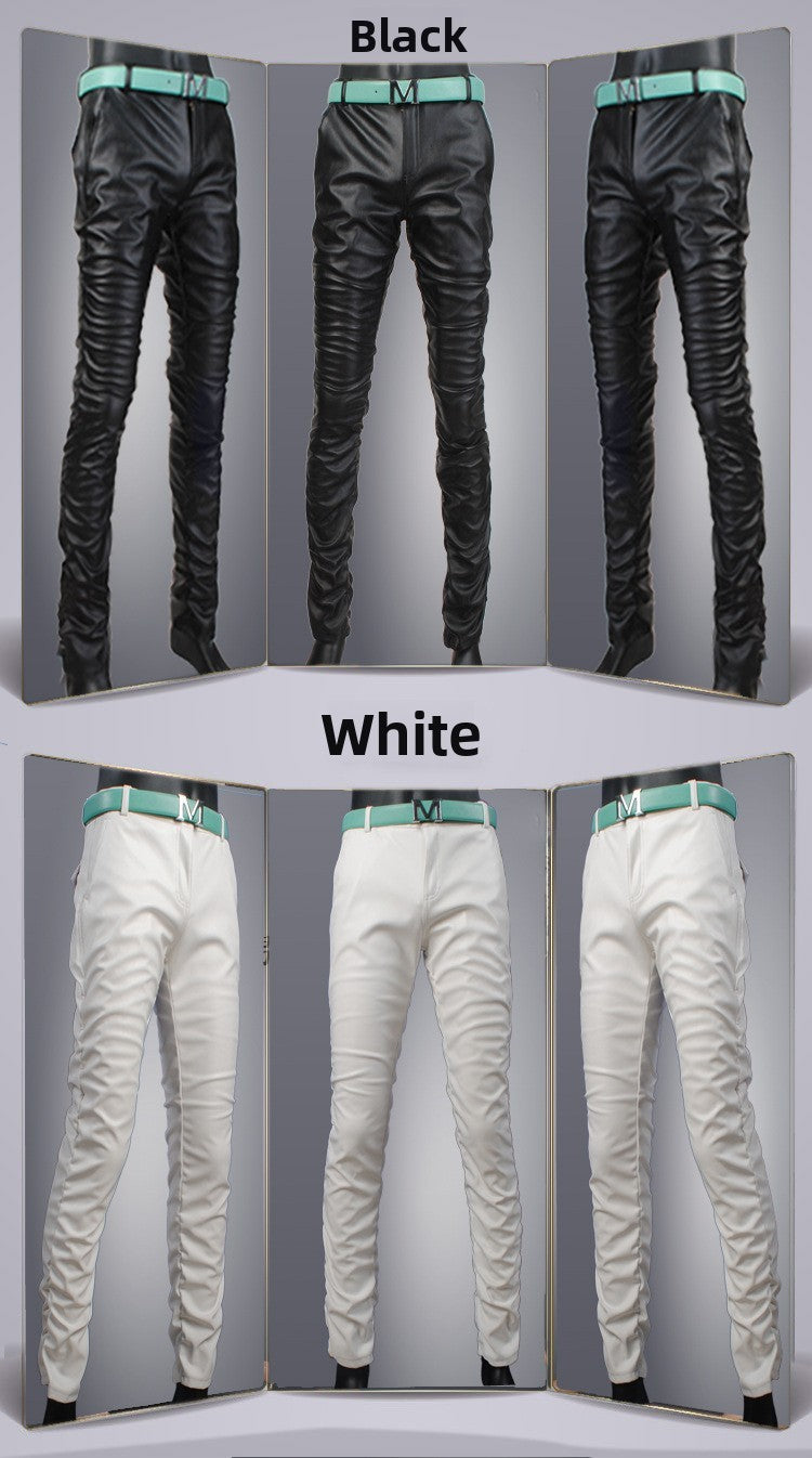 Men's Slim Fit Leather Pants Motorcycle Trendy Sle Long Trousers Thiened PU Fabric Summer Season Faionable Biker Pants