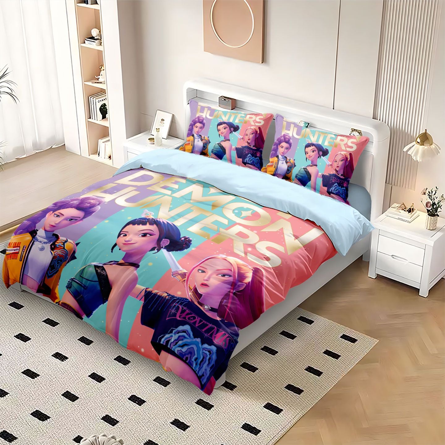 Conjunto de Cama Rumi K-Pop Caçadores de Demônios Temático 2 Lados Estampa Colorida Poliéster Lençol de Dormitório Estudantil Capa de Edredom Presente Infantil