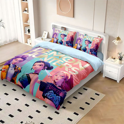 Conjunto de Cama Rumi K-Pop Caçadores de Demônios Temático 2 Lados Estampa Colorida Poliéster Lençol de Dormitório Estudantil Capa de Edredom Presente Infantil