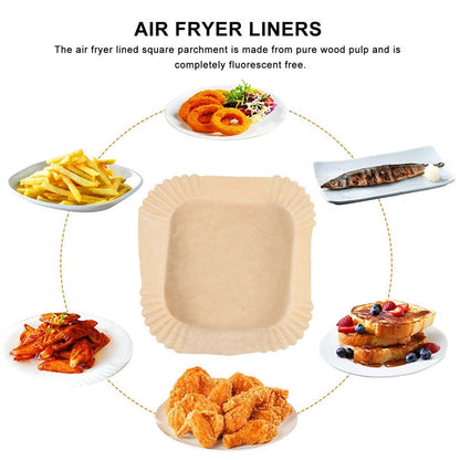 LECKL-50Pcs Papel Manteiga para Air Fryer com Pincel de Óleo, Forros Quadrados de 6,3 Polegadas, Papel Descartável para Assar, Folhas para Air Fryer