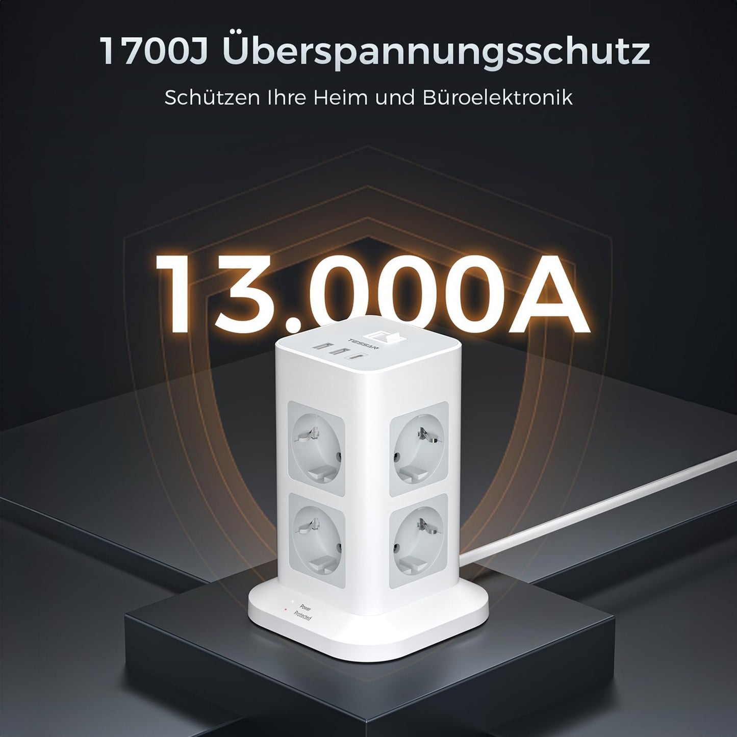 TESSAN Tower Power Strip Multi Outlets with USB A +1 Type C 2M Extension Cable EU Plug Vertical Electric Socket Surge Protection