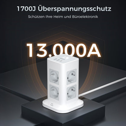 TESSAN Tower Power Strip Multi Outlets with USB A +1 Type C 2M Extension Cable EU Plug Vertical Electric Socket Surge Protection