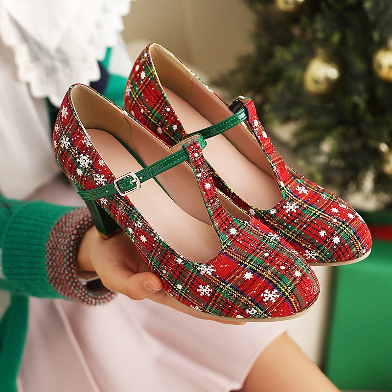 Snowflake Striped Printed Fabric Christmas New Year High Heels Women's Shoes Tapered Thick Heel T-Shaped Strap Buckle Pumps