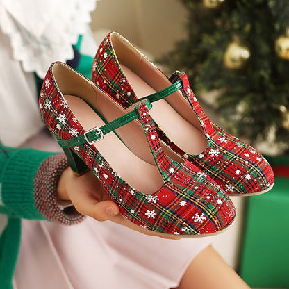 Snowflake Striped Printed Fabric Christmas New Year High Heels Women's Shoes Tapered Thick Heel T-Shaped Strap Buckle Pumps