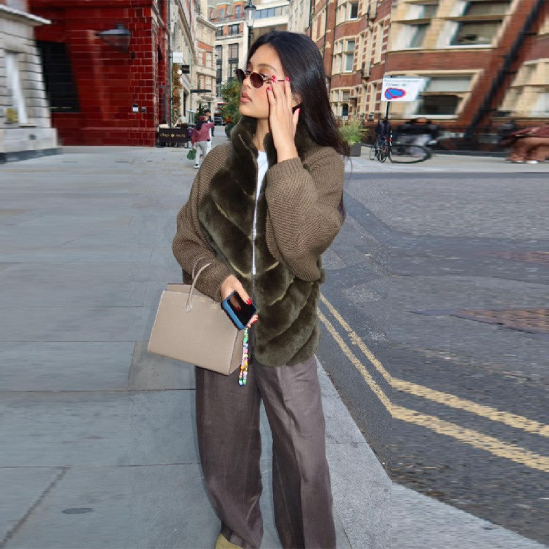 Vintage Faux Fur patchwork Jacket For Women Fashion Design Sense Long Sleeves Casual Coat 2025 Autumn Winter Female Streetwear