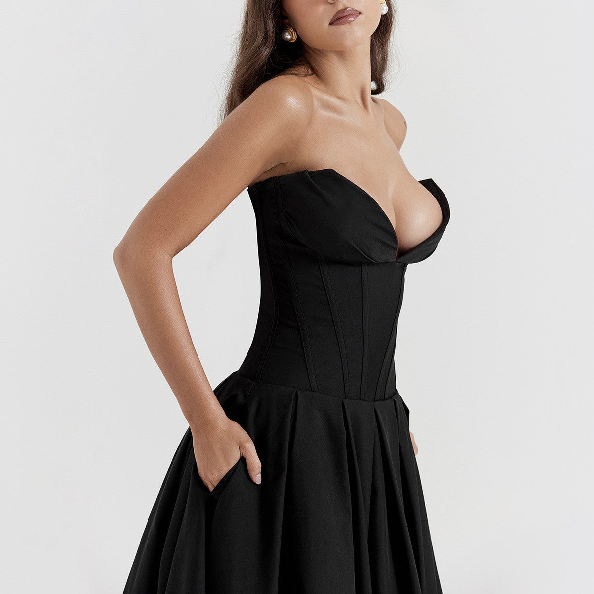 Suninheart Black Elegant Wedding Events Dress Sexy Strapless Corset Dress Midi C