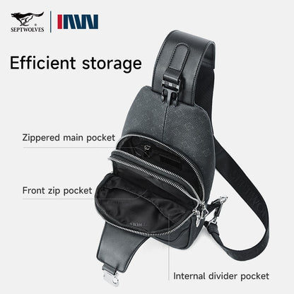 Septwolves Business Thin Printed Leather Crossbody Sling Bag Man Fashion Casual Travel Monogram Print Fabric iPad Shoulder Bag