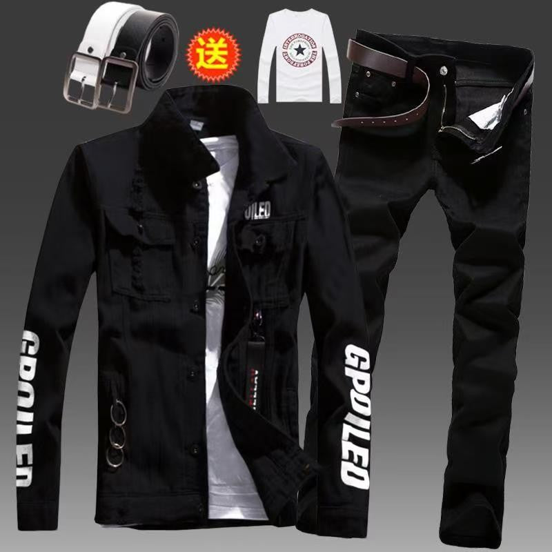 Men's Slim Fit Denim Jacket Pants 2pcs Set Long Sleeve Coats Letters Printed Casual Large Size Black White Red Boys Trousers
