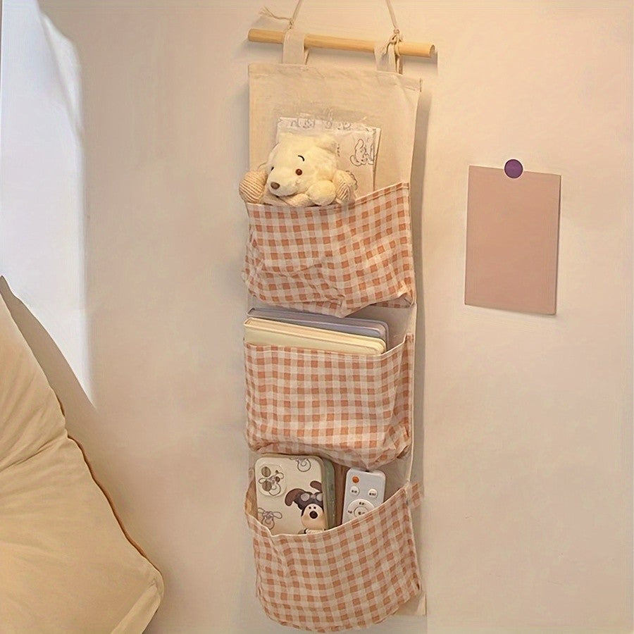 Multi-pocket Hanging Pink Checkered Storage Bag Fabric Hanging Bag Cute Pink Space Saving Style Bedroom Organizers and Storage