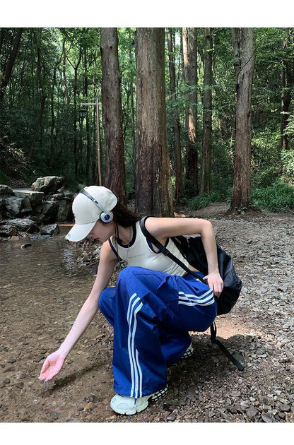 Women Casual Baggy Stripe Cargo Pants Solid Low Waist Joggers Pants Drawstring Wide Leg Baggy Trousers Y2K Streetwear Sweatpants