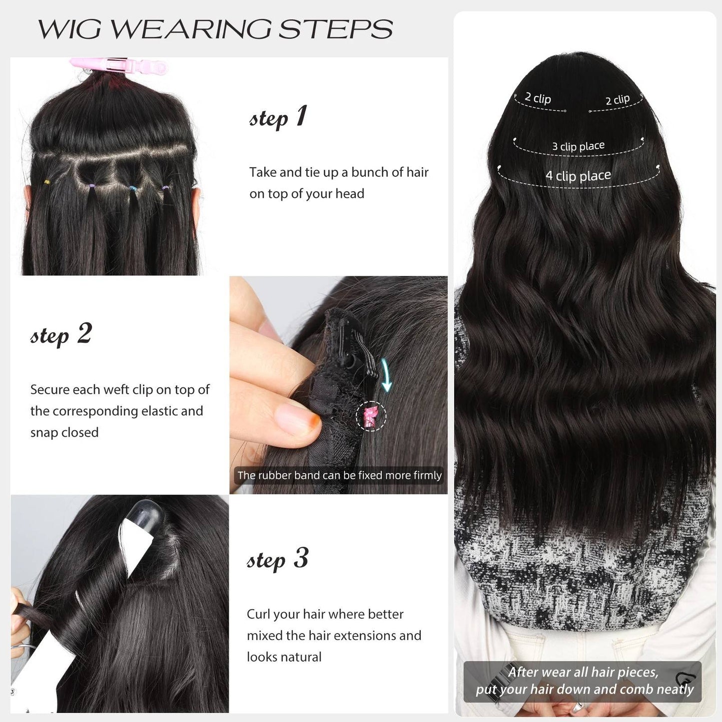 Kit 4 Peças Aplique Tic Tac Cabelo Sintético 20 Polegadas Cacheado Longo Grosso Para Mulheres Cabeça Inteira extensões de cabelo sintéticas