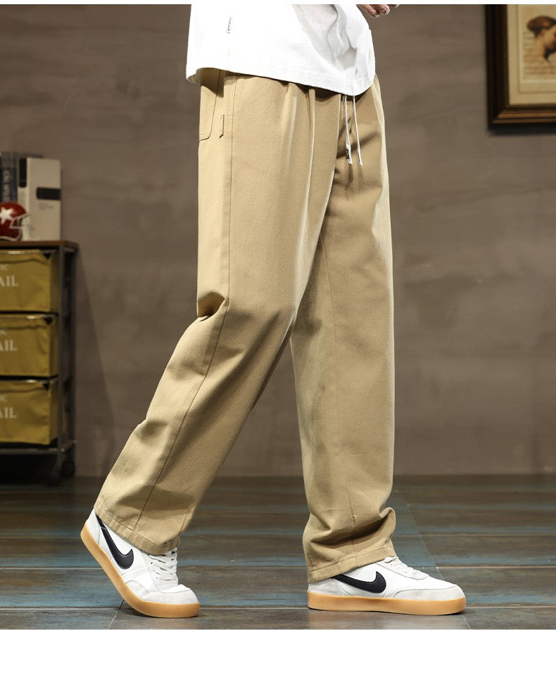 100% Cotton Men's Loose Wide Leg Pants Elastic Waist Fashion ArmyGreen Khaki Korean Streetwear Autumn Straight Trousers