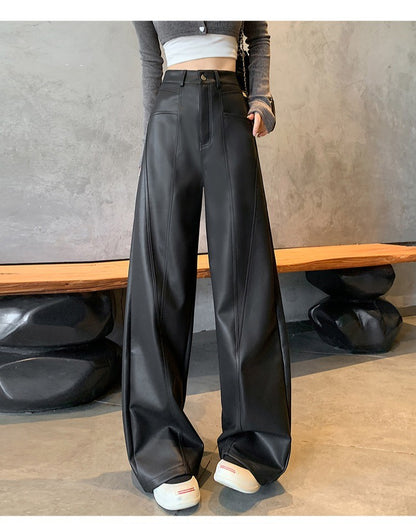 2025 New High Waist Vintage Black Women's PU Leather Wide-Leg Pants Loose Straight Retro Casual Floor-Length Pant Autumn Winter